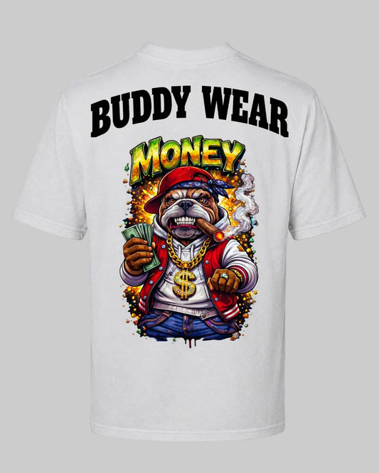 Titan Money Oversized T-shirt in white by BD WEAR featuring a hip hop bulldog graphic print holding cash and smoking a cigar on a gray background.