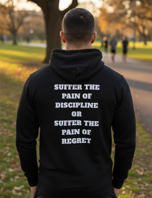 Titan Discipline Hoodie by BD WEAR, front view showing the black hoodie with bold logo design and adjustable drawstrings.