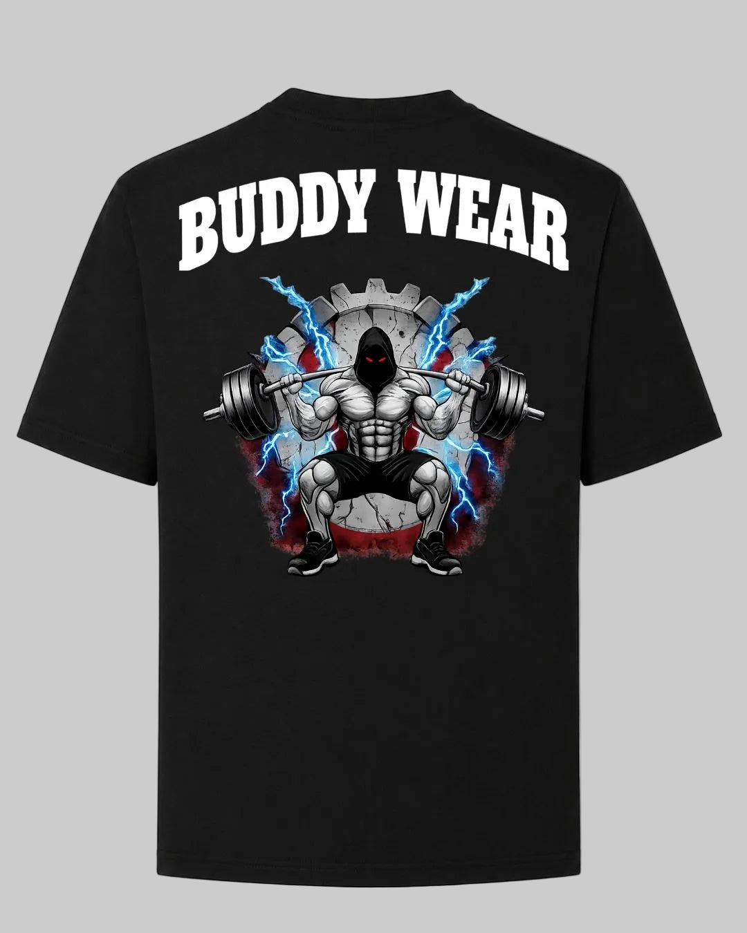 Titan Squat Oversized T-shirt in black by BD WEAR featuring a muscular bodybuilder graphic doing squats with a barbell and blue lightning on a gray background.