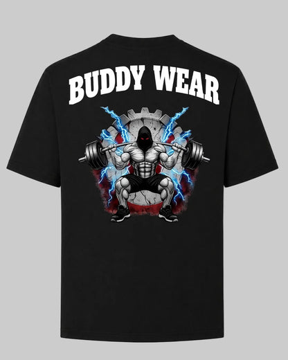 Titan Squat Oversized T-shirt in black by BD WEAR featuring a muscular bodybuilder graphic doing squats with a barbell and blue lightning on a gray background.