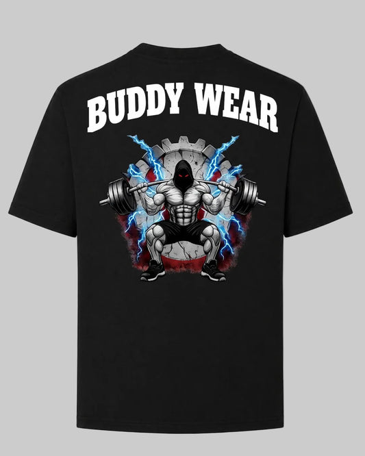 Titan Squat Oversized T-shirt in black by BD WEAR featuring a muscular bodybuilder graphic doing squats with a barbell and blue lightning on a gray background.
