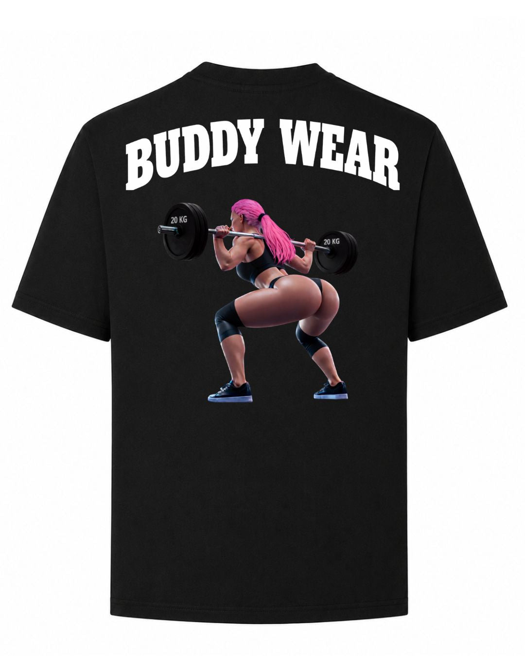 Titan Squat Queen Oversized T-shirt in black by BD WEAR featuring a fitness woman graphic doing barbell squats with pink hair and black Buddy Wear text on a light grey background
