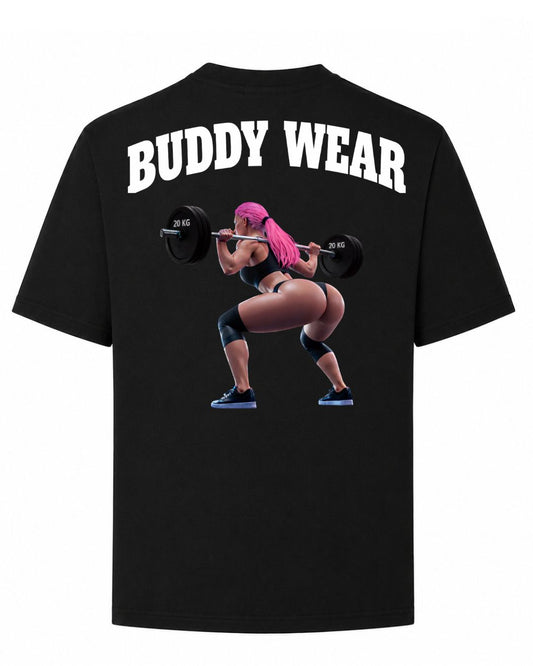 Titan Squat Queen Oversized T-shirt in black by BD WEAR featuring a fitness woman graphic doing barbell squats with pink hair and black Buddy Wear text on a light grey background