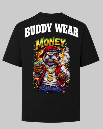 Titan Money Oversized T-shirt in black by BD WEAR featuring a hip hop bulldog graphic print holding cash and smoking a cigar on a gray background.
