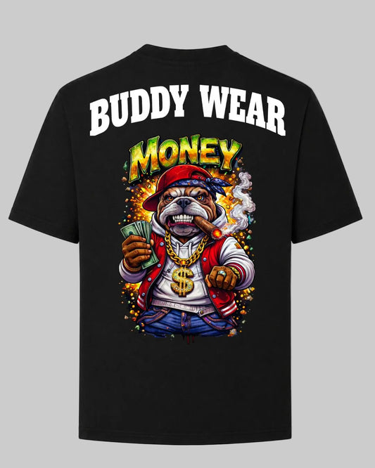 Titan Money Oversized T-shirt in black by BD WEAR featuring a hip hop bulldog graphic print holding cash and smoking a cigar on a gray background.