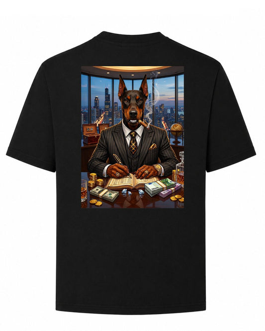 BD WEAR Titan Boss oversized T-shirt in black, featuring bold graphic design and relaxed fit on a model.