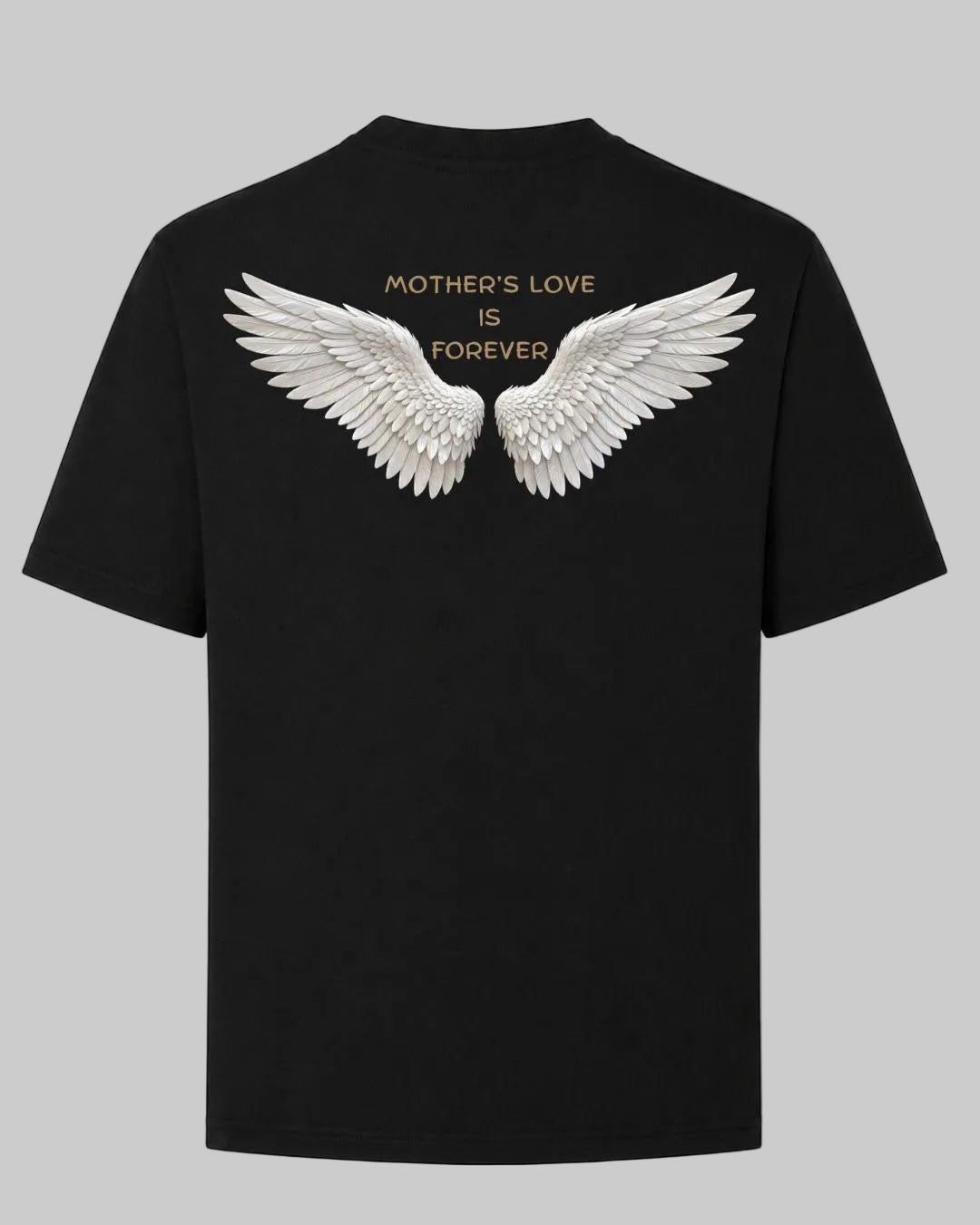 Titan Eternal Wings Oversized T-shirt in black by BD WEAR featuring white angel wings graphic print and gold text Mother's Love Is Forever on a grey background