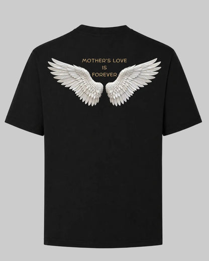 Titan Eternal Wings Oversized T-shirt in black by BD WEAR featuring white angel wings graphic print and gold text Mother's Love Is Forever on a grey background