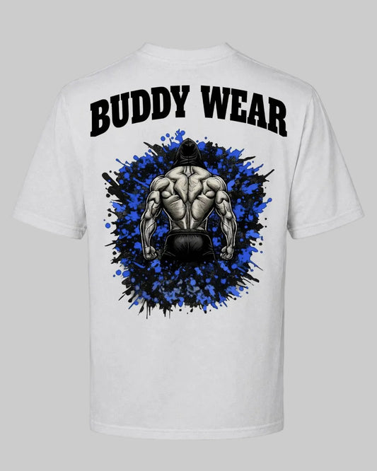 Titan Iron Back Oversized T-shirt in white by BD WEAR featuring a bodybuilding muscular back graphic print with blue paint splashes on a gray background.