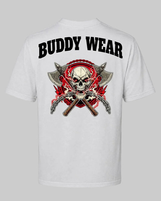 Titan Oversized T-shirt in white by BD WEAR featuring a hardcore skull with red lightning eyes, crossed axes, and chains on a gray background.