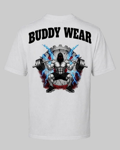 Titan Squat Oversized T-shirt in white by BD WEAR featuring a muscular bodybuilder graphic doing squats with a barbell and blue lightning on a gray background.