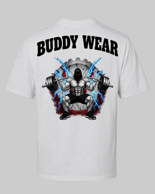 Titan Squat Oversized T-shirt in white by BD WEAR featuring a muscular bodybuilder graphic doing squats with a barbell and blue lightning on a gray background.