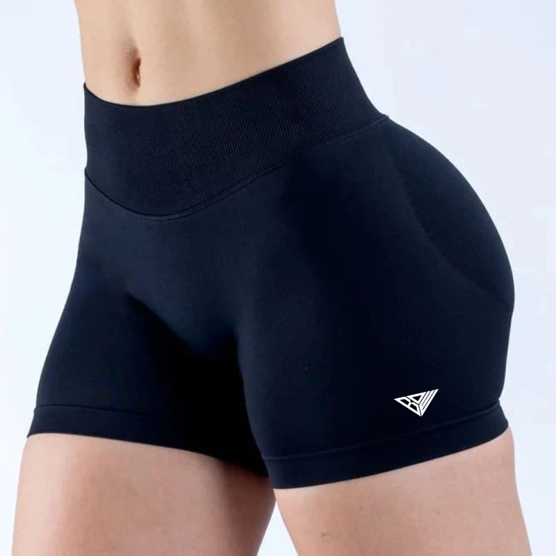 BD WEAR women’s high-waisted Carbon Black athletic shorts with a small white logo
