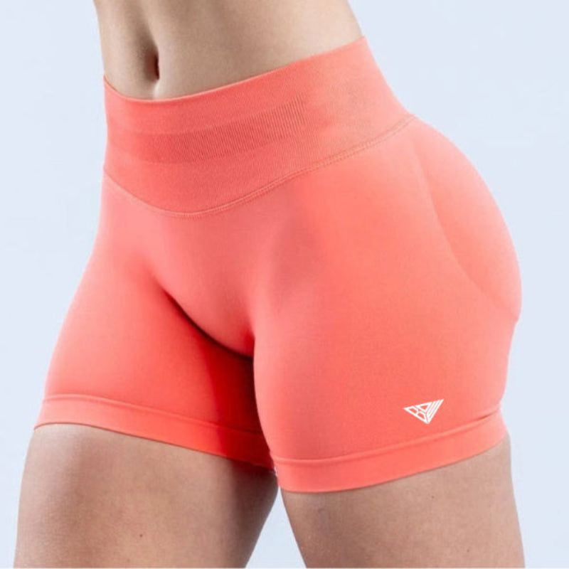 BD WEAR women’s high-waisted Neon Coral athletic shorts with a small white logo