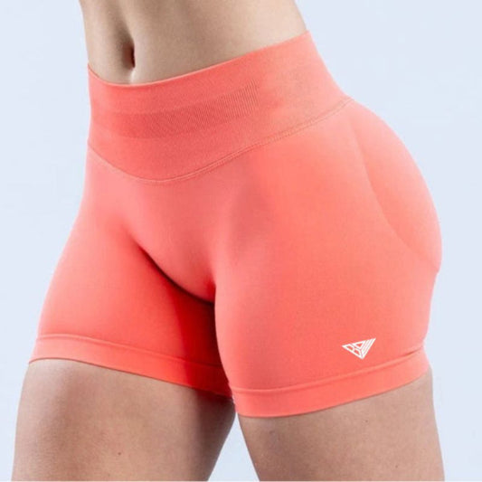 BD WEAR women’s high-waisted Neon Coral athletic shorts with a small white logo