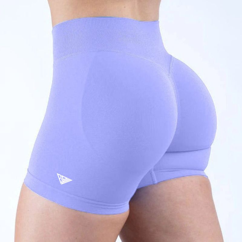BD WEAR women’s high-waisted Light Purple athletic shorts with a small white logo