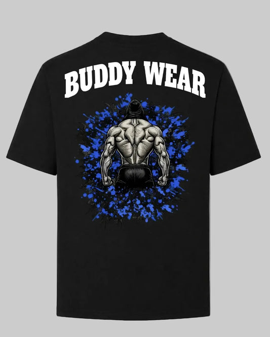 Black heavyweight streetwear t-shirt by Buddy Wear featuring a muscular back graphic with blue paint splashes and white text on a gray background.