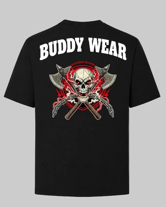 Titan Oversized T-shirt in black by BD WEAR featuring a hardcore skull with red lightning eyes, crossed axes, and chains on a gray background.
