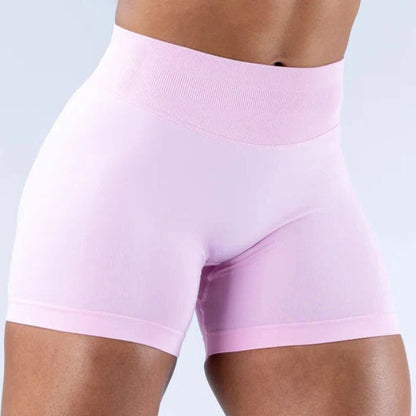 BD WEAR women’s high-waisted Baby Pink athletic shorts with a small white logo
